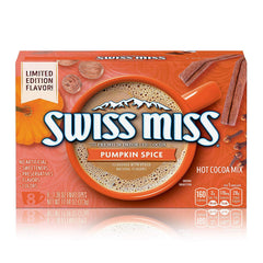 Swiss Miss Pumpkin Spice packaging close-up highlights premium cocoa for cozy winter drinks.