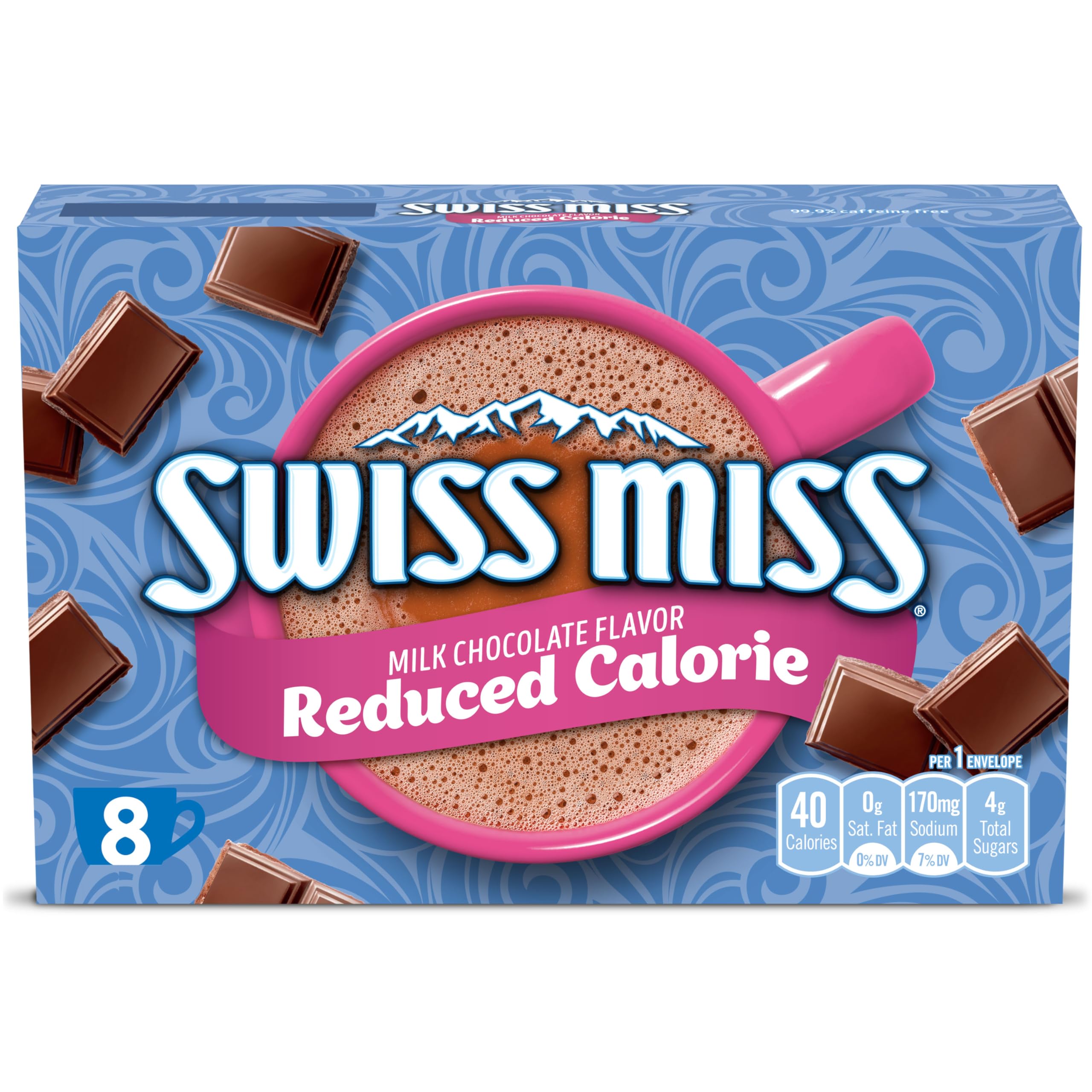 Swiss Miss reduced calorie cocoa packets beside a mug for a creamy, lighter chocolate treat