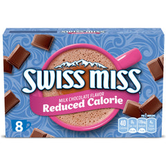 Swiss Miss reduced calorie cocoa packets beside a mug for a creamy, lighter chocolate treat