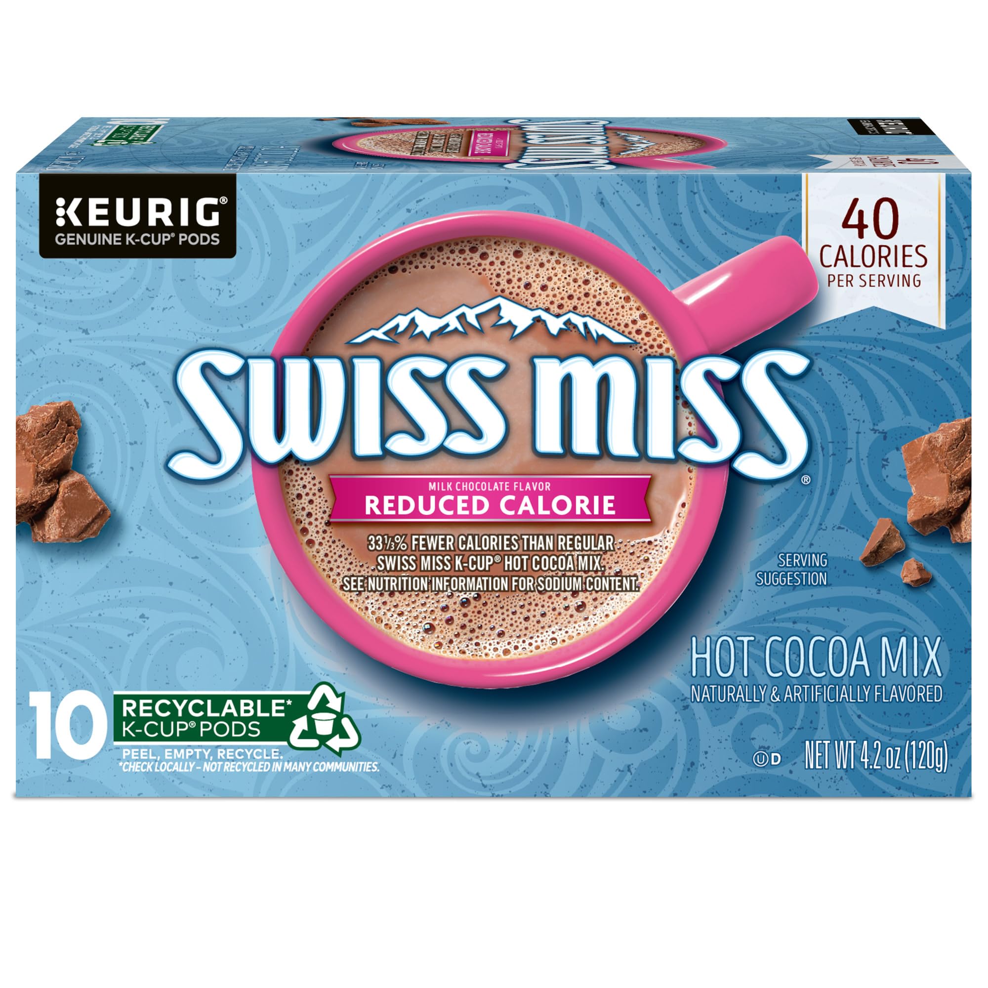Swiss Miss Reduced Calorie Cocoa USA packaging close-up highlights pride and quality