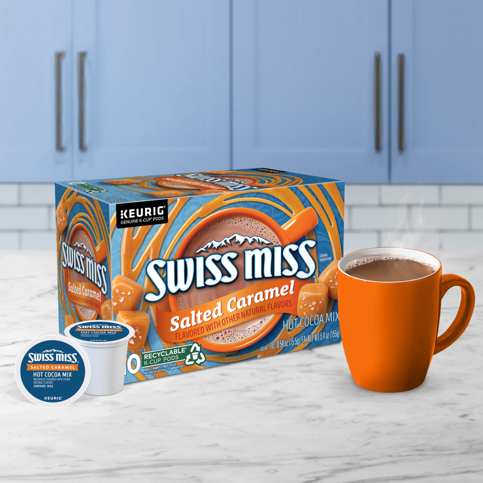 Swirled caramel in cocoa shot under Swiss Miss branding