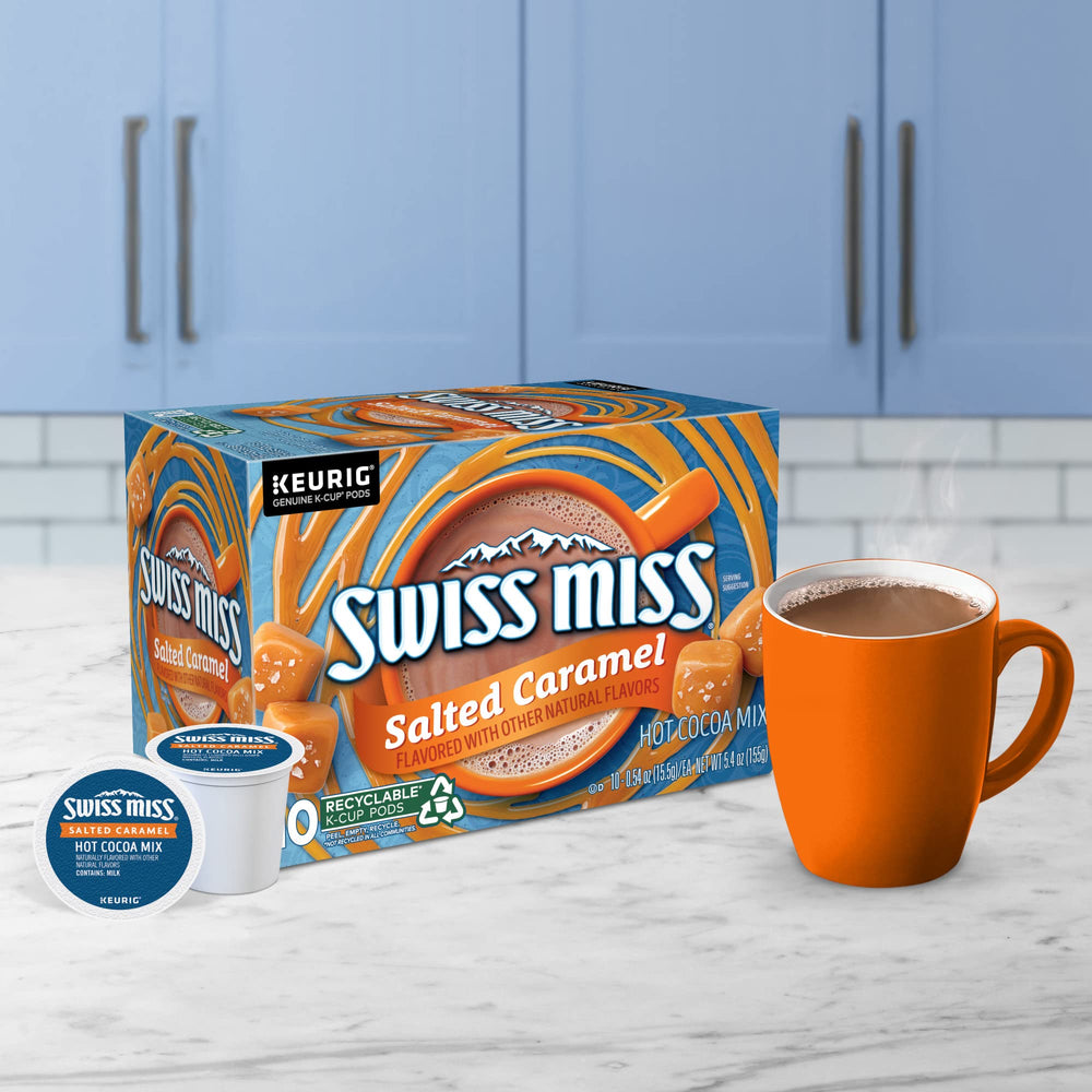 Swirled caramel in cocoa shot under Swiss Miss branding