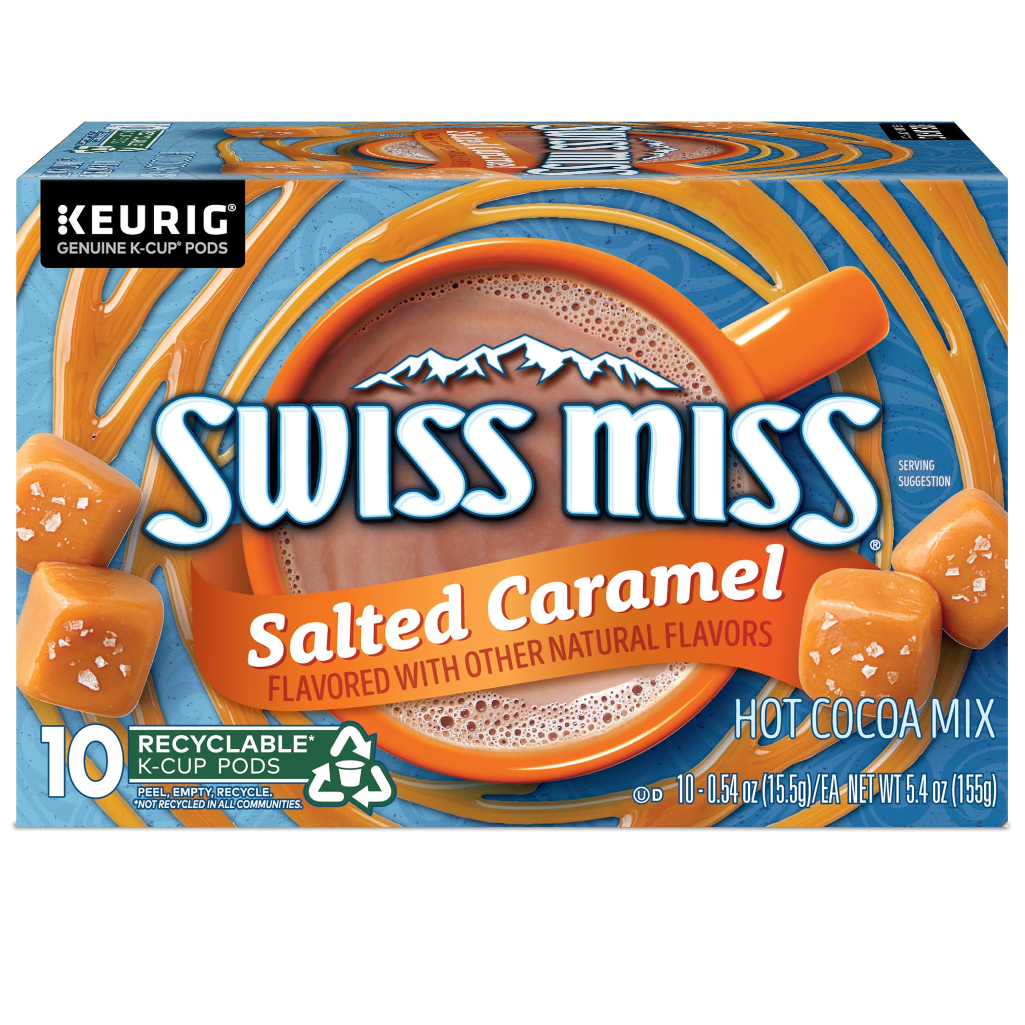 Glass mug with Swiss Miss salted caramel hot cocoa steam