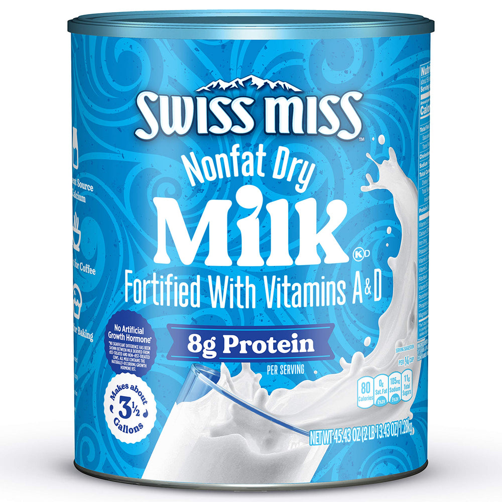 Swiss Miss shelf-stable milk canister on a pantry shelf for easy storage.
