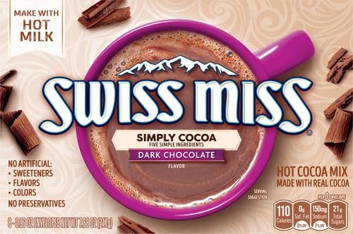Swiss Miss Simply Cocoa dark chocolate cup steams with inviting aroma.