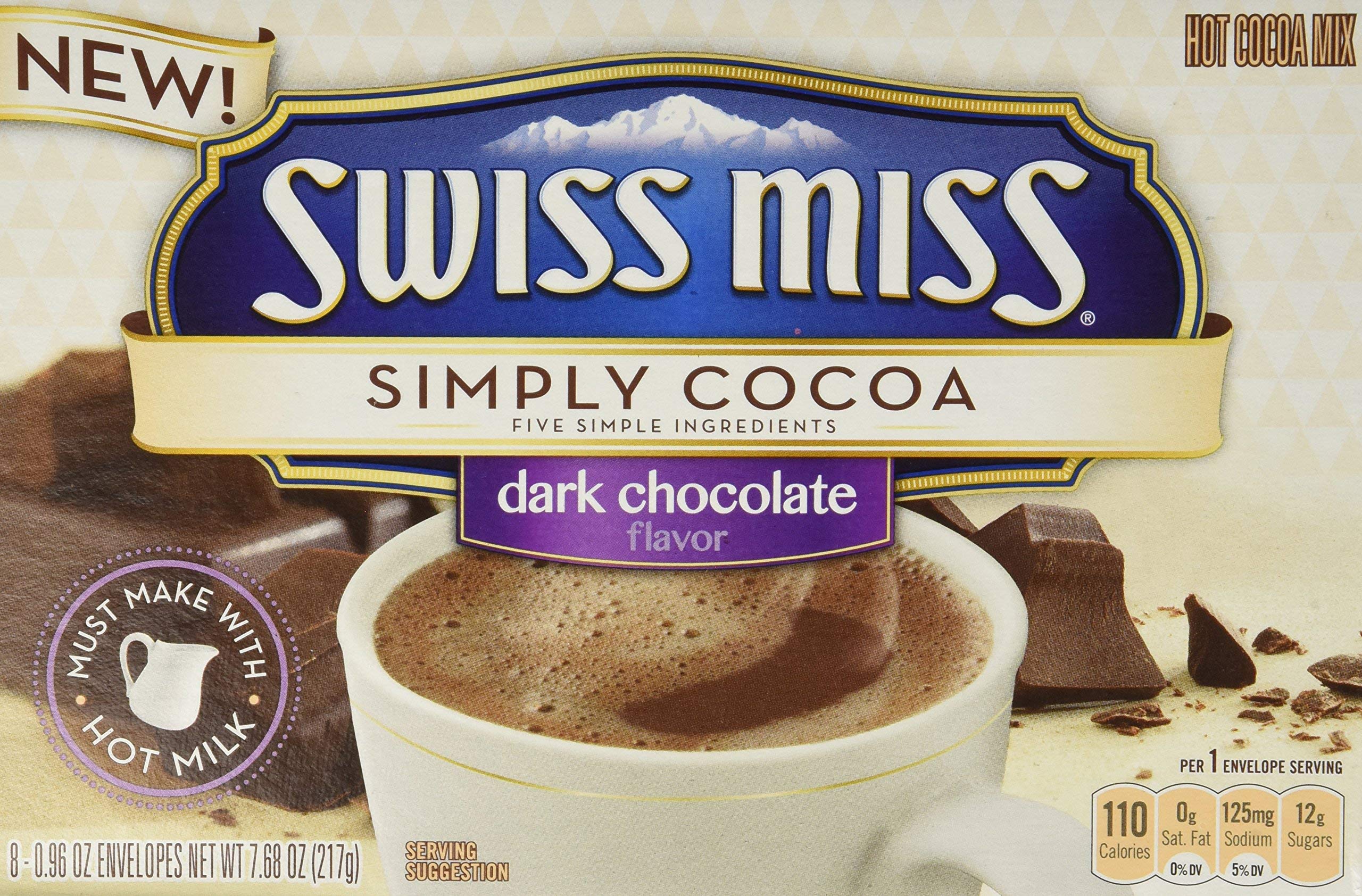 Swiss Miss Simply Cocoa dark chocolate hot cocoa mix box with convenient single-serve envelopes for quick warmth.
