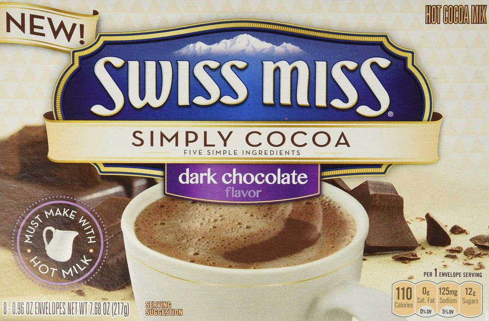 Swiss Miss Simply Cocoa dark chocolate hot cocoa mix box with convenient single-serve envelopes for quick warmth.