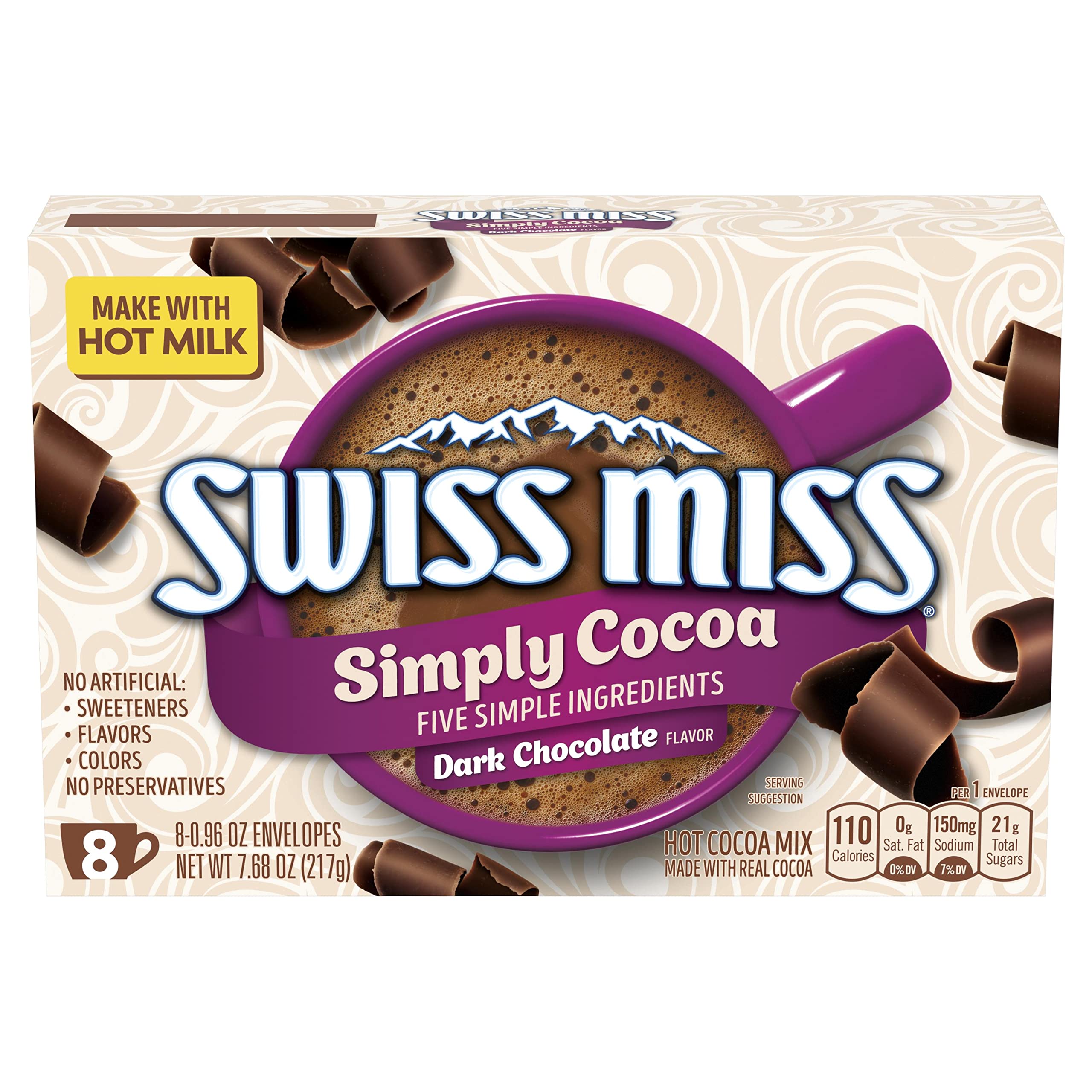 Swiss Miss Simply Cocoa packaging closeup for quick comfort.