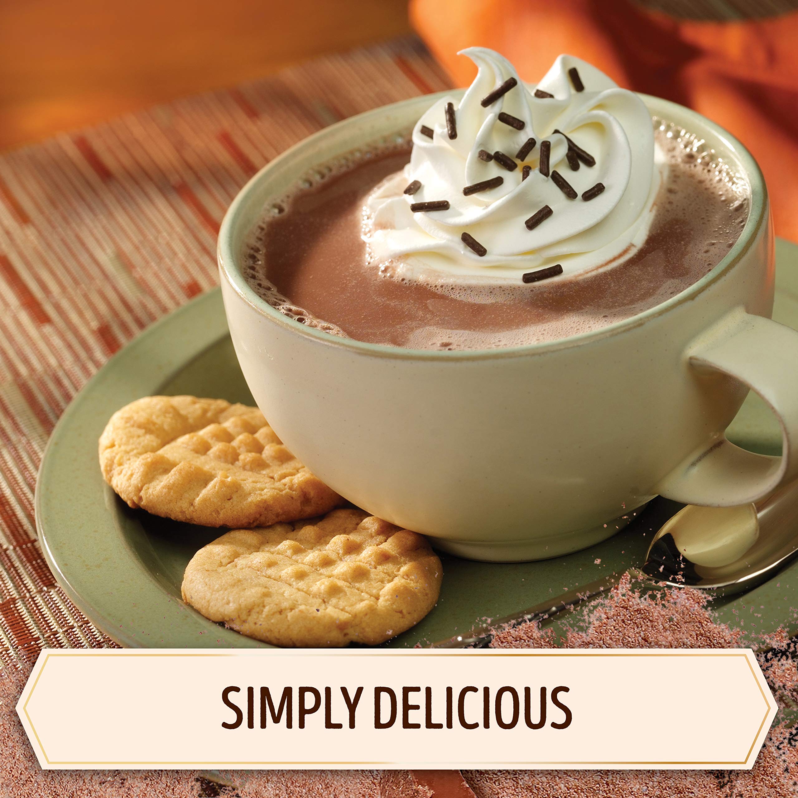 Ready-to-make Swiss Miss cocoa mix on kitchen counter, convenient to prepare.