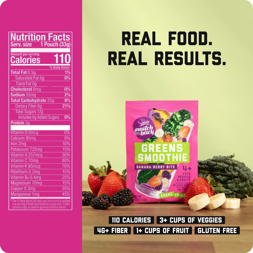 Switchback 7-Pack Smoothie Mix ingredients with real produce: spinach, kale, fruit flavors