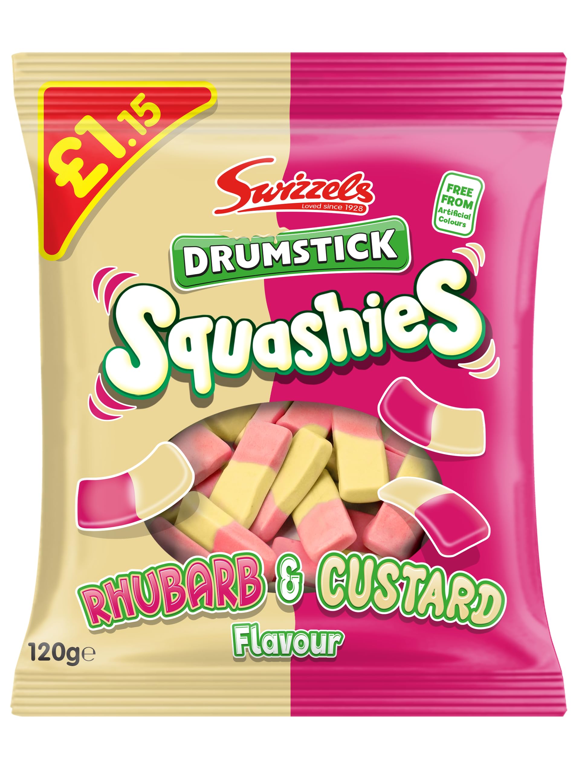 Swizzels Drumstick Squashies Rhubarb & Custard bag-open detail highlights easy portioning.