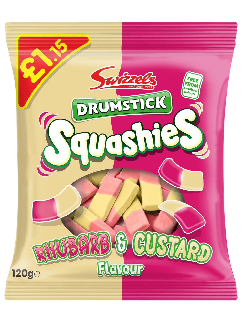 Swizzels Drumstick Squashies Rhubarb & Custard bag-open detail highlights easy portioning.