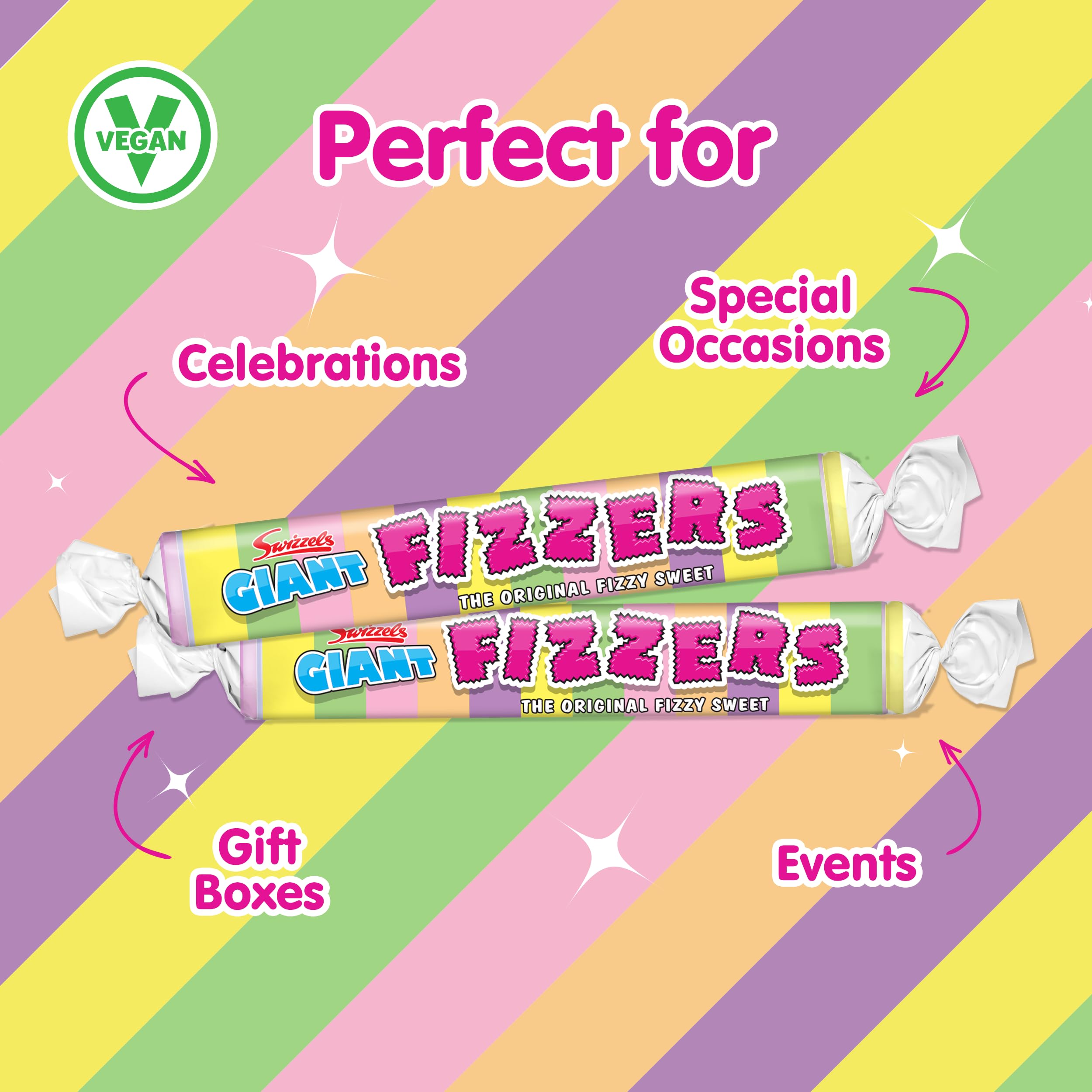 Assorted colors of Swizzels Giant Original Fizzy Rolls attractively packaged.