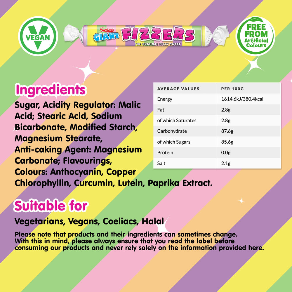 Swizzels Giant Original Fizzy Rolls packaging displaying vibrant colors for gifting.