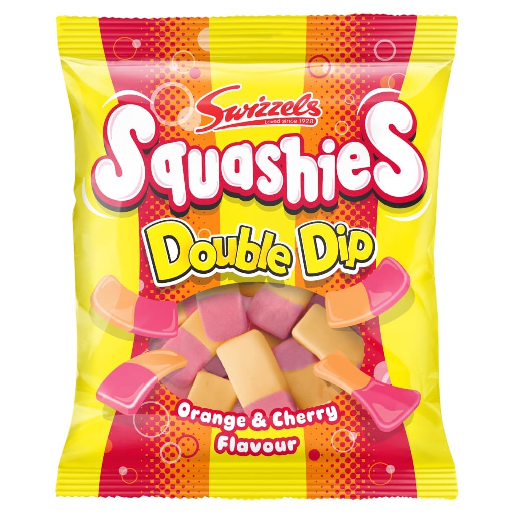 Swizzels Squashies Double Dip orange cherry close-up, chewy texture and vibrant colors.
