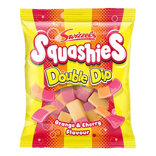 Swizzels Squashies Double Dip orange-cherry pack back view with nutritional details.