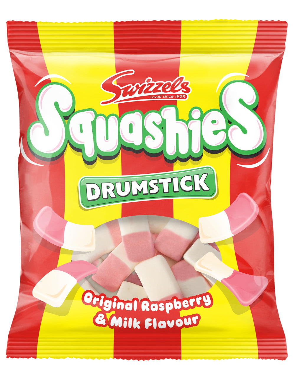Swizzels Squashies Drumsticks raspberry milk flavour close-up showing chewy candy texture