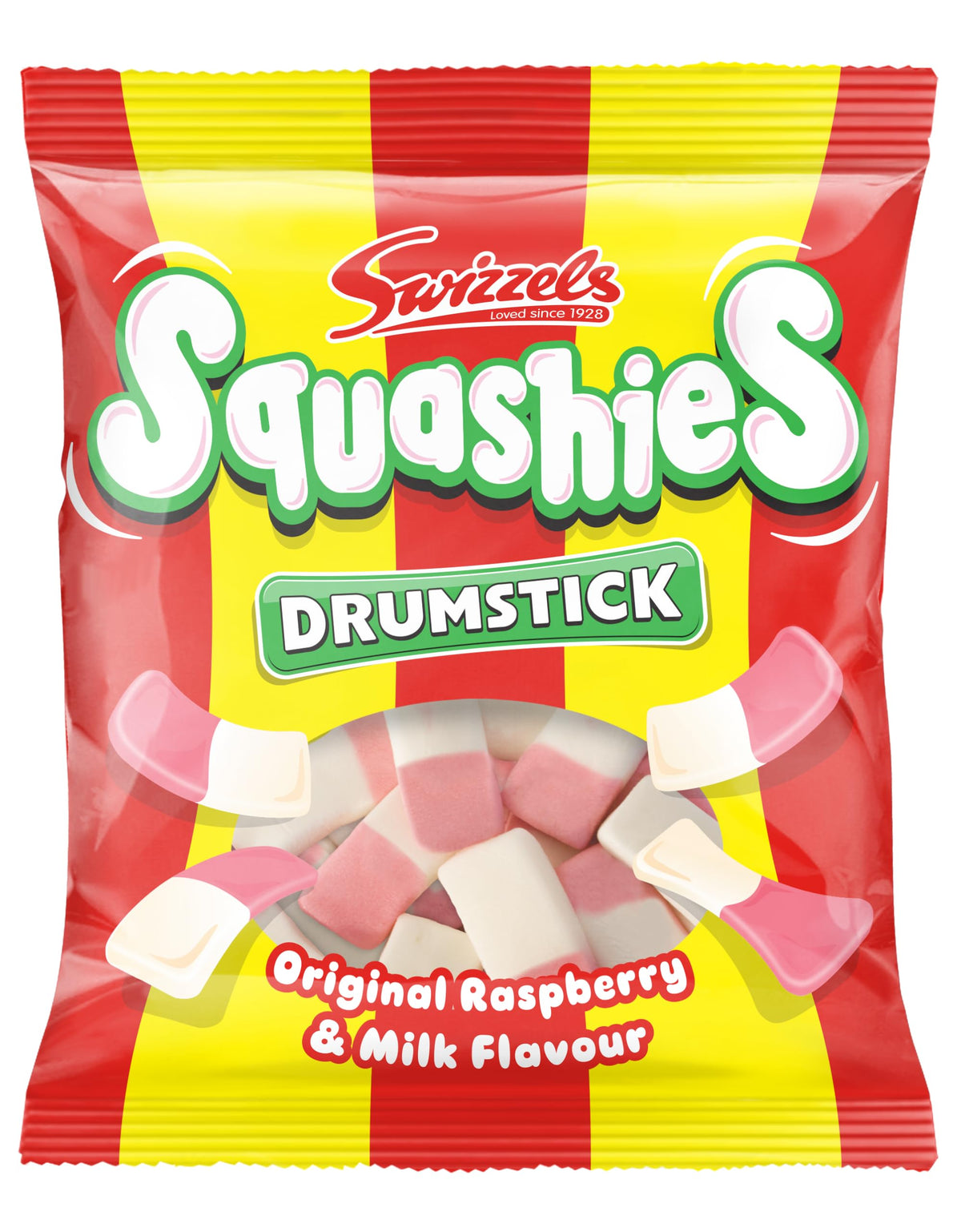 Swizzels Squashies Drumsticks raspberry milk flavour close-up showing chewy candy texture