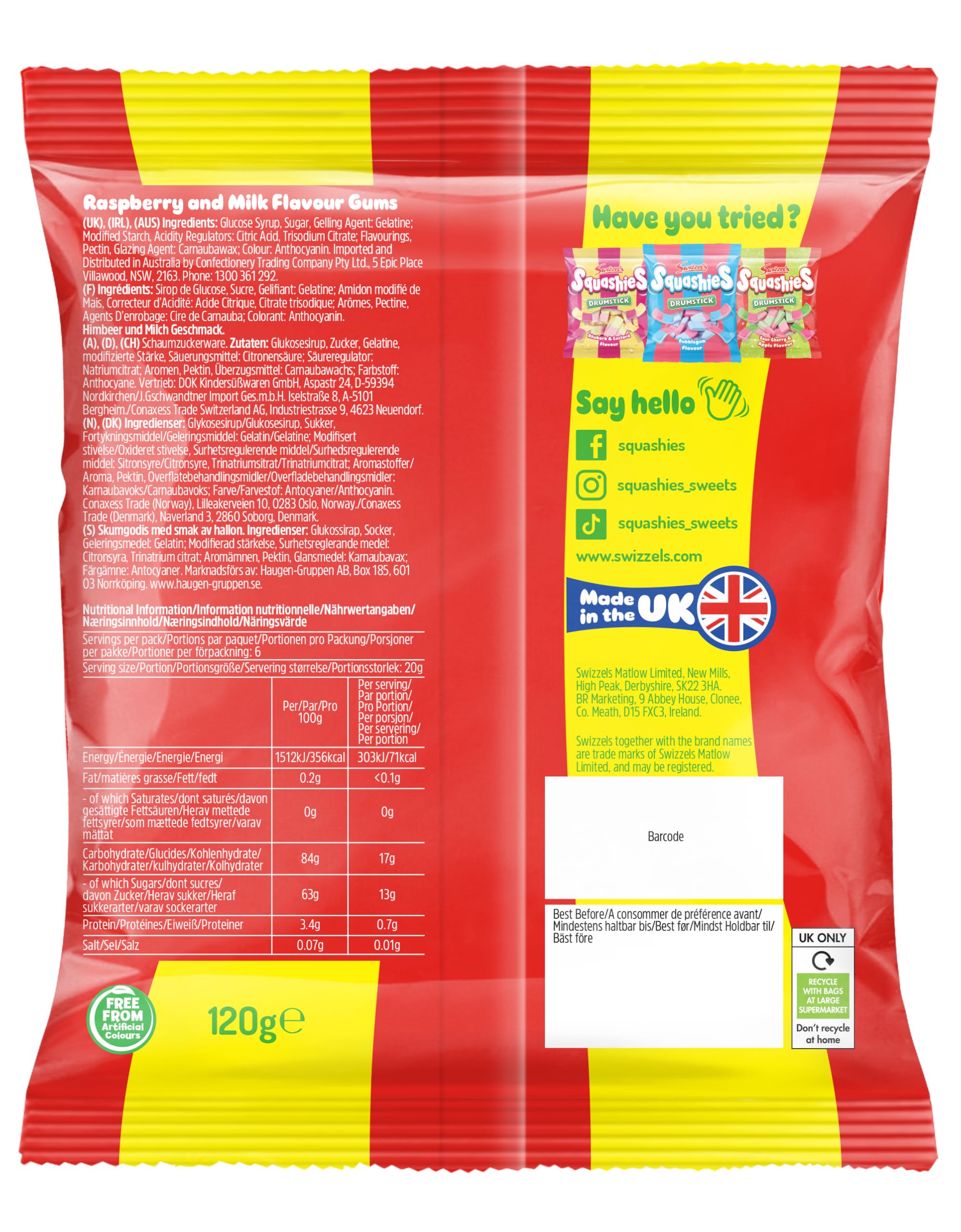 Swizzels Squashies Drumsticks 120g pack on display, ideal everyday treat