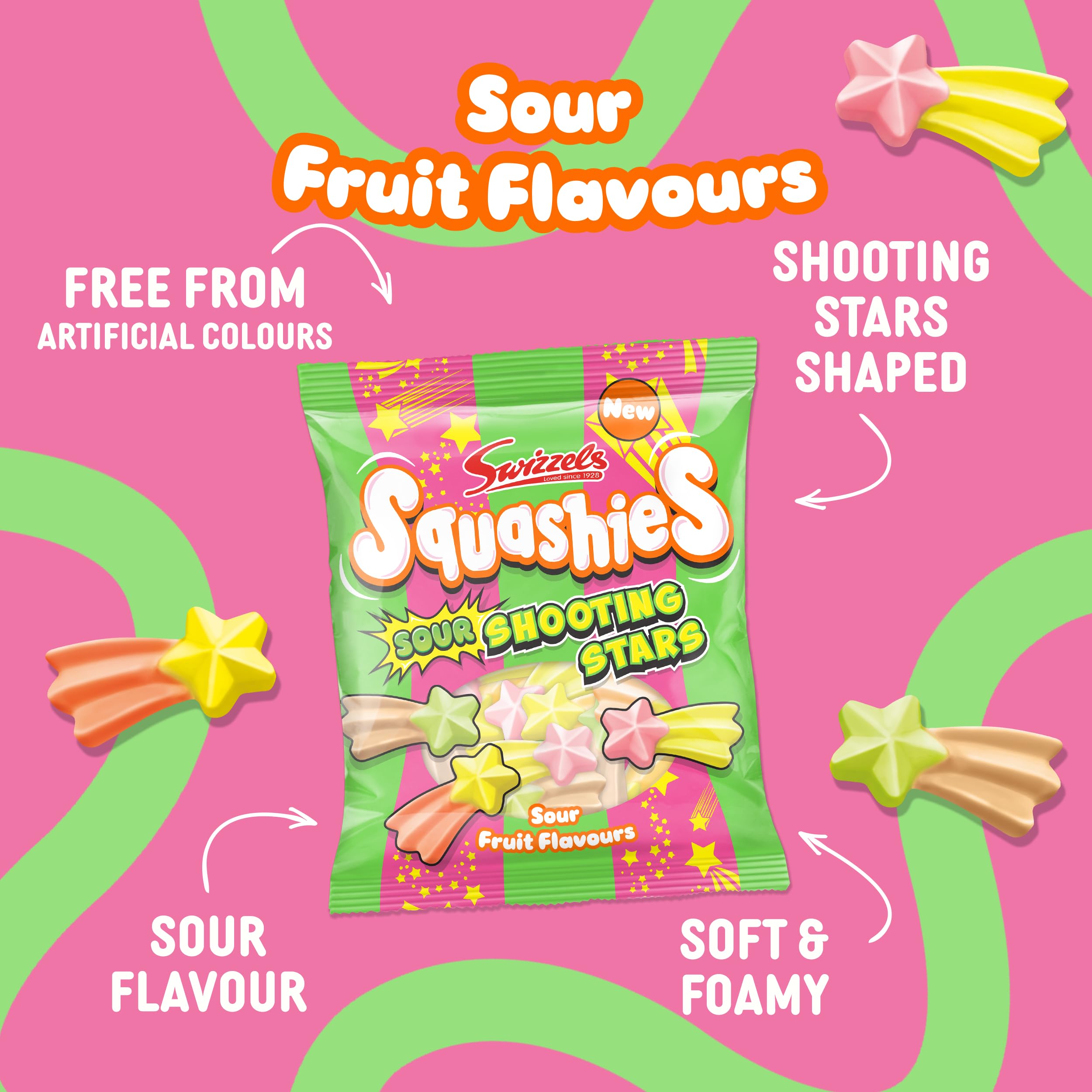 Swizzels Squashies Sour Stars pack-100g display emphasizing personal-size treat and shareable zing.