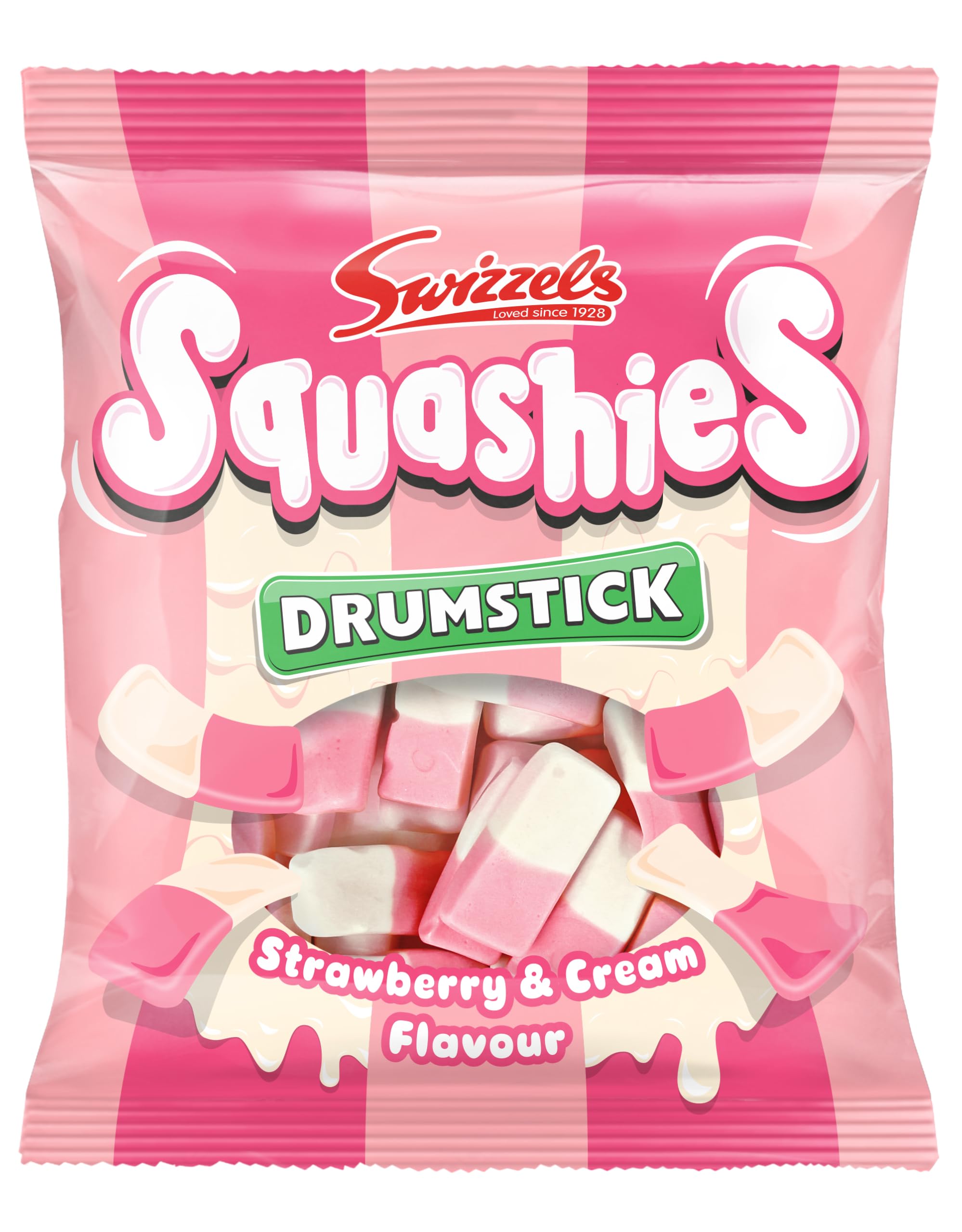 Swizzels Squashies Strawberry & Cream bag with two-tone candies for a tasty snack.