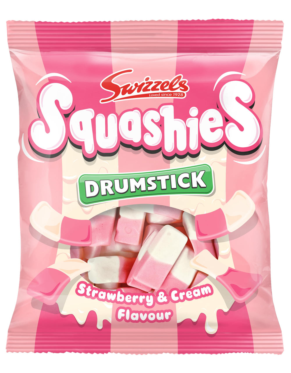 Swizzels Squashies Strawberry & Cream bag with two-tone candies for a tasty snack.