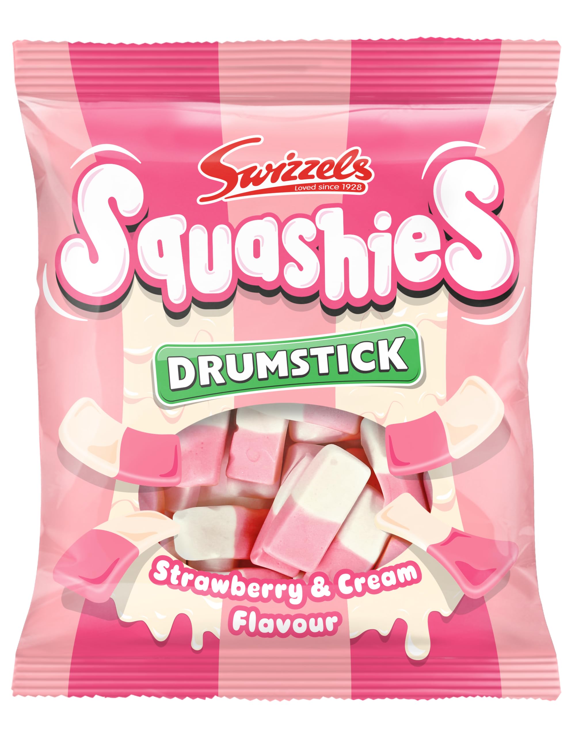 Swizzels Squashies Strawberry & Cream front view, two-tone candies ready to share