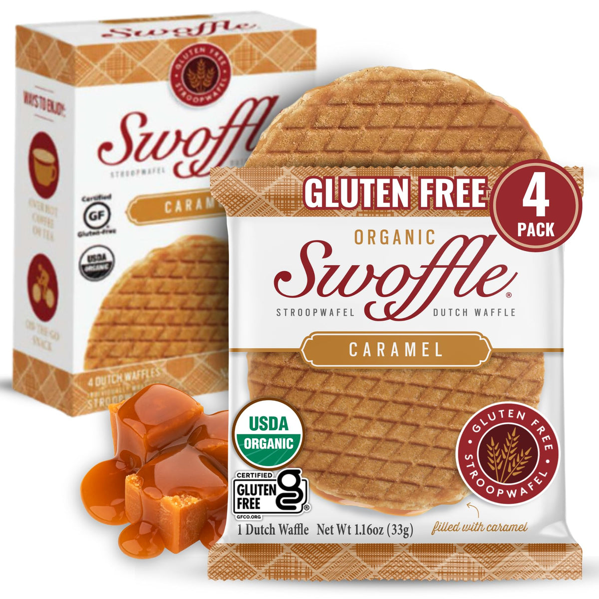 Swoffle caramel-filled stroopwafel 4-pack, ideal with coffee.