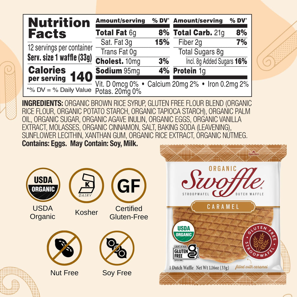 Swoffle gluten-free organic stroopwafel vanilla variant, healthy snack option.