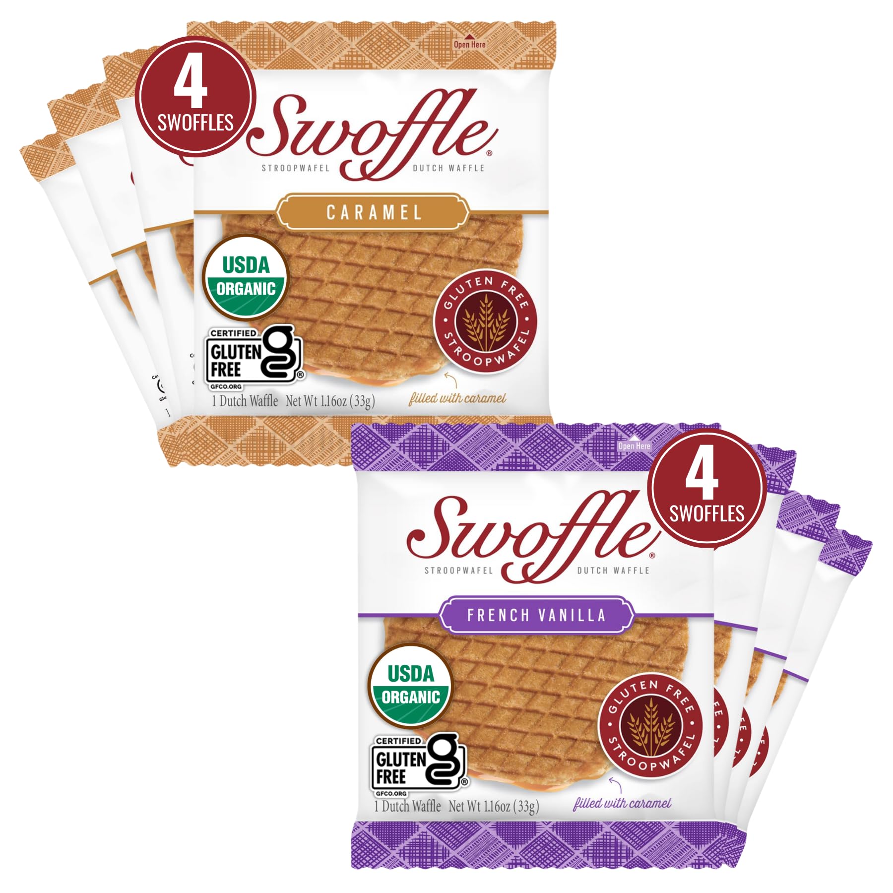 Swoffle gluten-free Stroopwafel with caramel center, coffee-friendly treat.