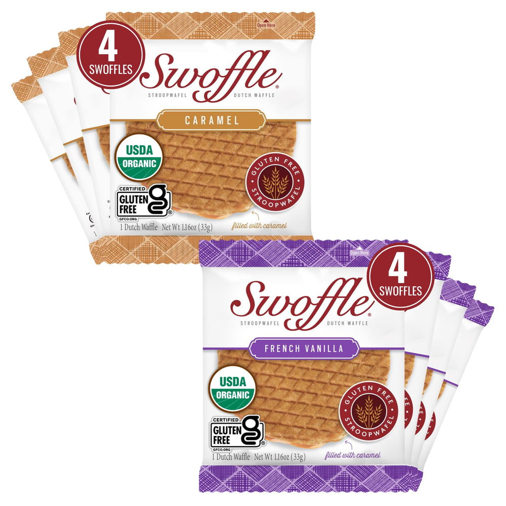 Swoffle gluten-free Stroopwafel with caramel center, coffee-friendly treat.