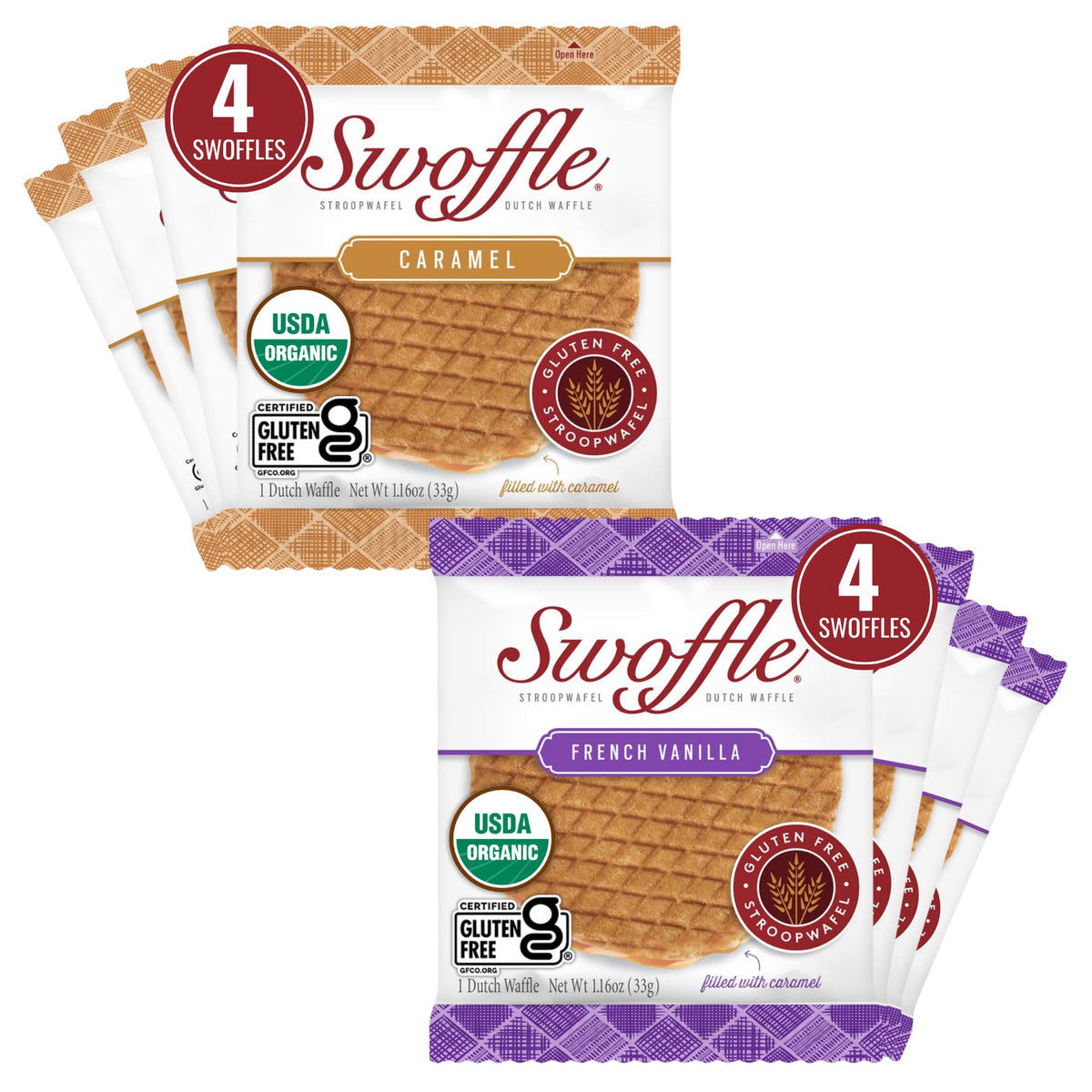 Swoffle gluten-free Stroopwafel with caramel center, coffee-friendly treat.