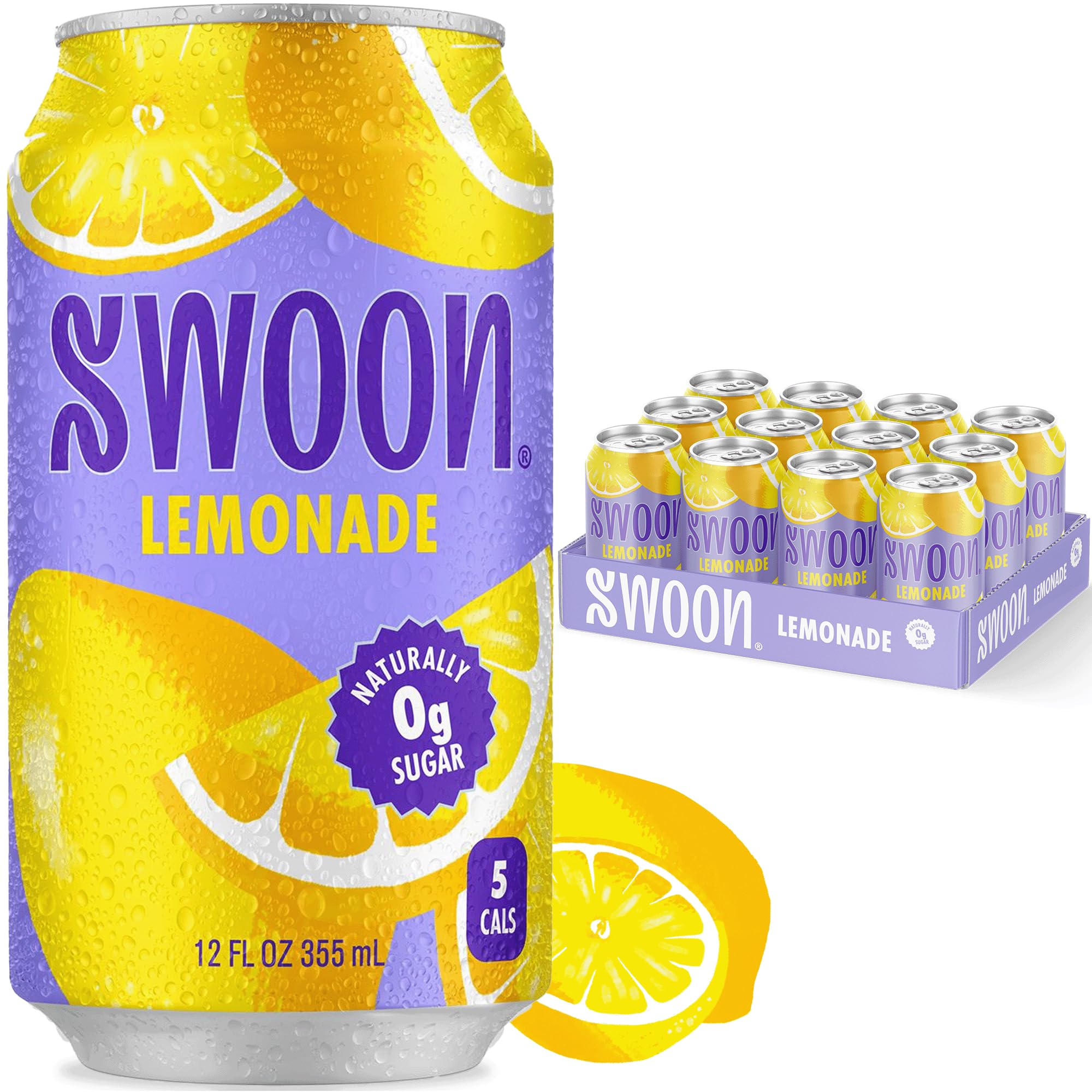 Swoon Classic Lemonade bottle on a counter, naturally sweetened with monk fruit.