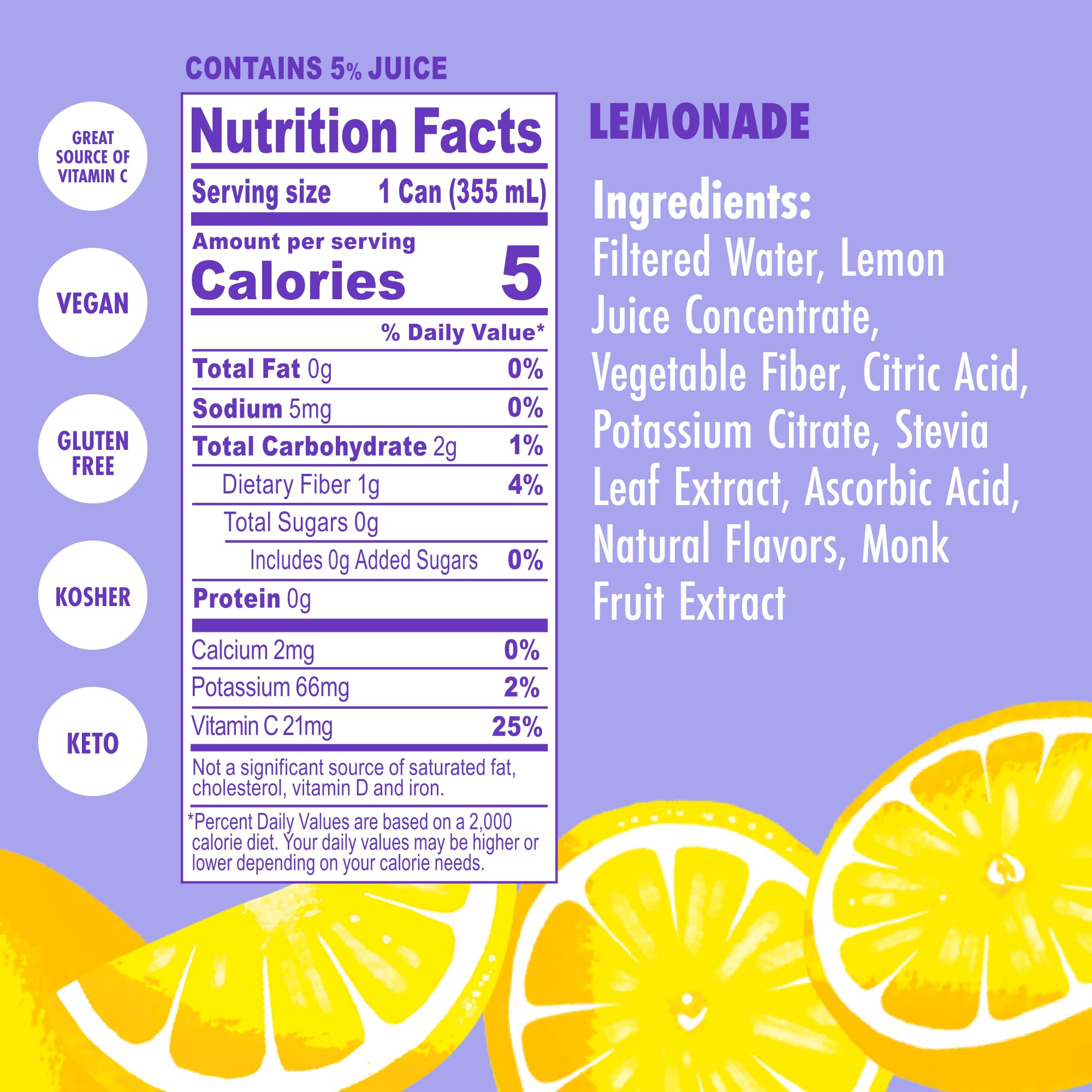 Swoon Classic Lemonade can close-up, zero sugar and vitamin C highlighted.