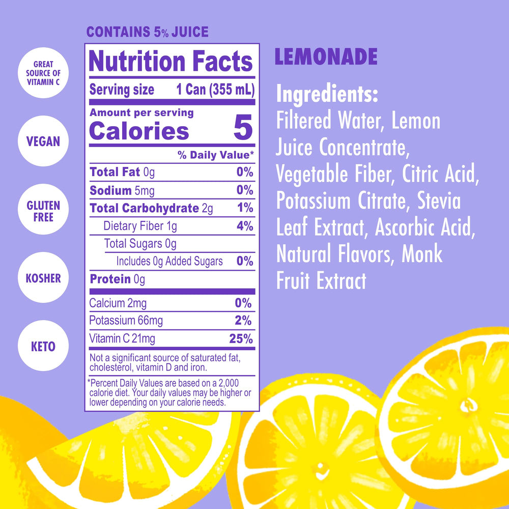 Swoon Classic Lemonade can close-up, zero sugar and vitamin C highlighted.