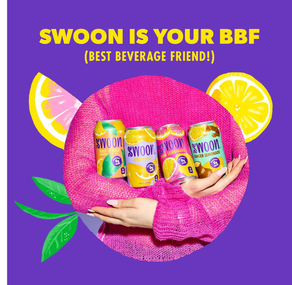 Swoon Ginger Lemonade label emphasizes zero sugar and monk fruit sweetness
