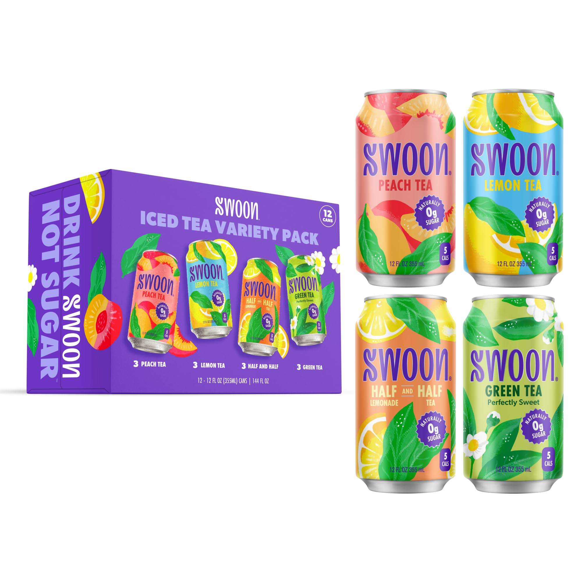 Swoon iced tea variety pack cans on display, zero sugar option for keto-friendly hydration.