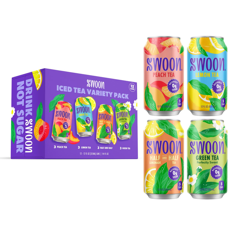 Swoon iced tea variety pack cans on display, zero sugar option for keto-friendly hydration.