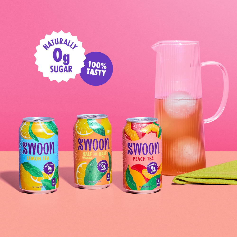 Swoon lemon tea bottle close-up, clean citrus notes and zero sugar.