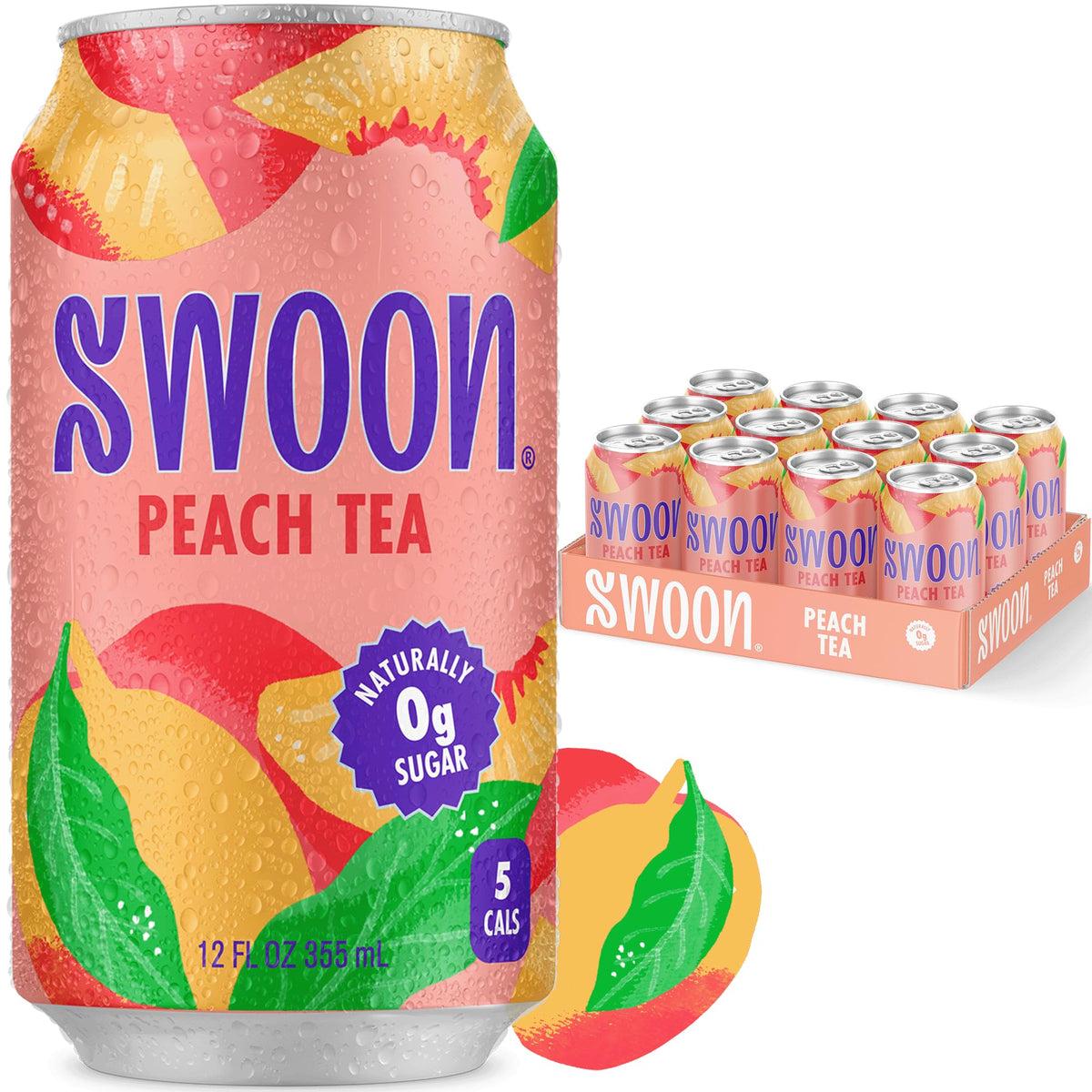 Swoon Peach Tea bottle pour shows sugar-free, low-calorie refreshment.