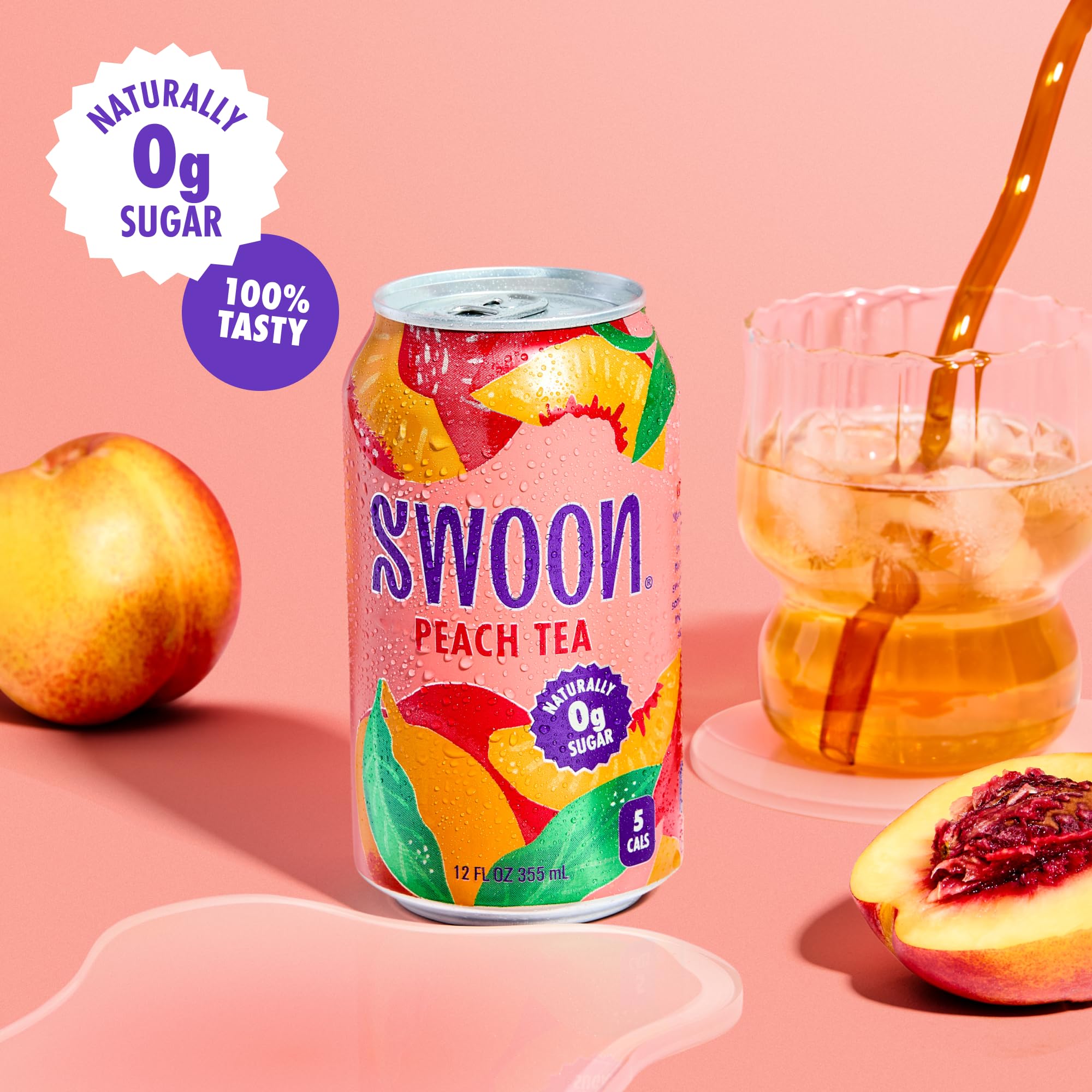 Swoon Peach Tea glass with ice emphasizes keto-friendly flavor.