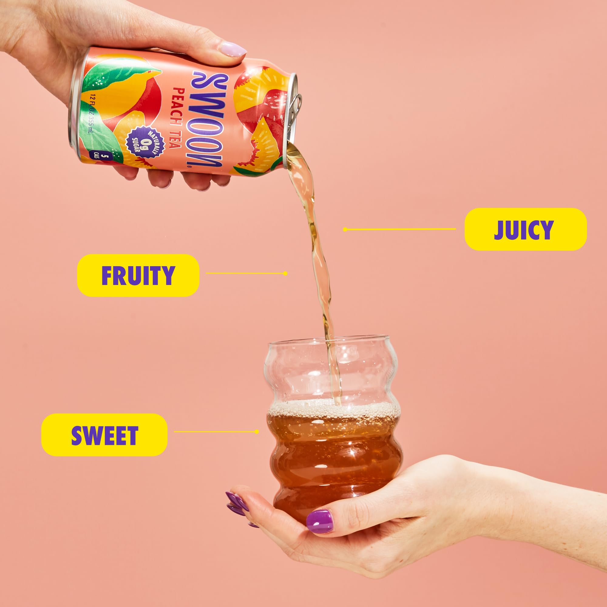 Swoon Peach Tea ingredients label shows monk fruit and stevia sweetness.