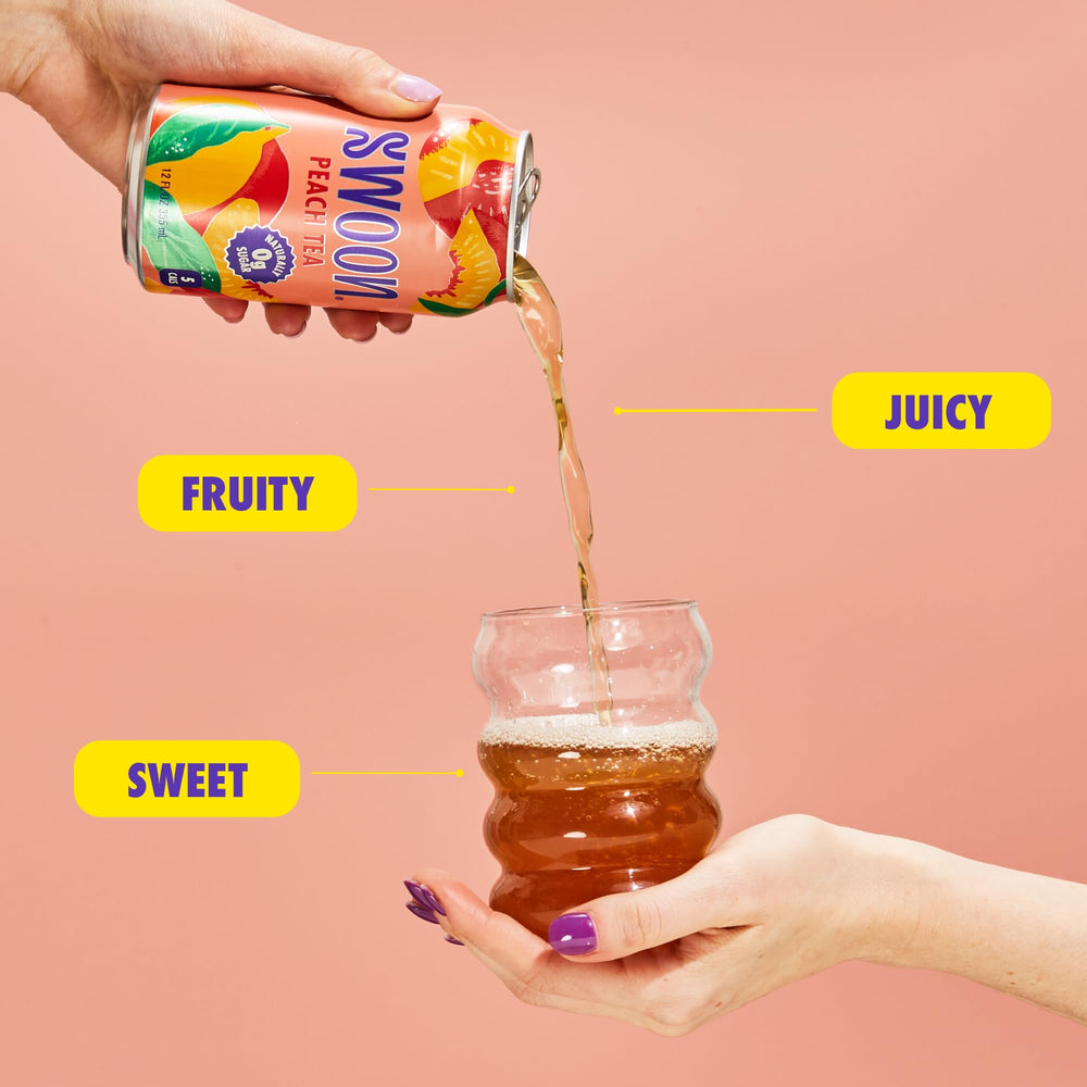 Swoon Peach Tea ingredients label shows monk fruit and stevia sweetness.