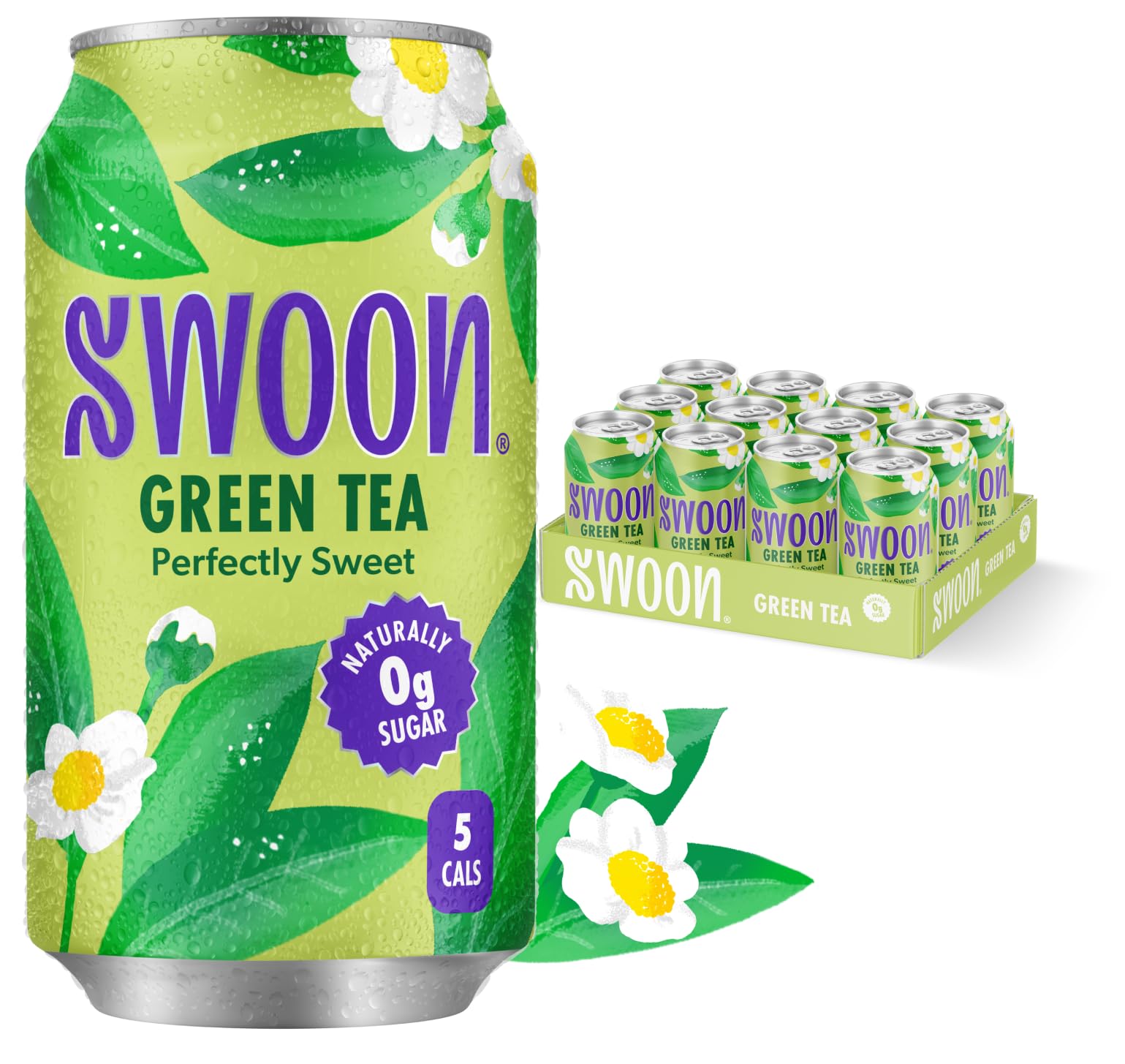 Swoon Perfectly Sweet Green Tea bottle pour highlights zero sugar and light caffeine
