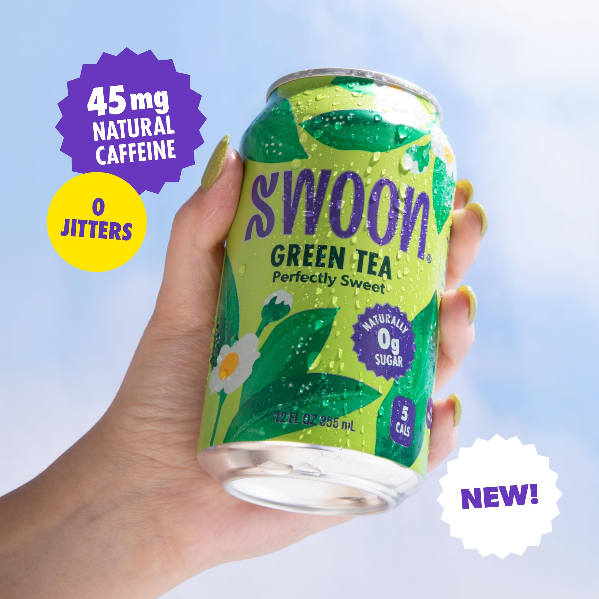 Swoon Perfectly Sweet Green Tea glass with ice suggests refreshing low-calorie hydration