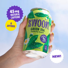 Swoon Perfectly Sweet Green Tea glass with ice suggests refreshing low-calorie hydration