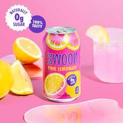 Swoon Pink Lemonade label close-up highlighting lemon juice and monk fruit sweetness