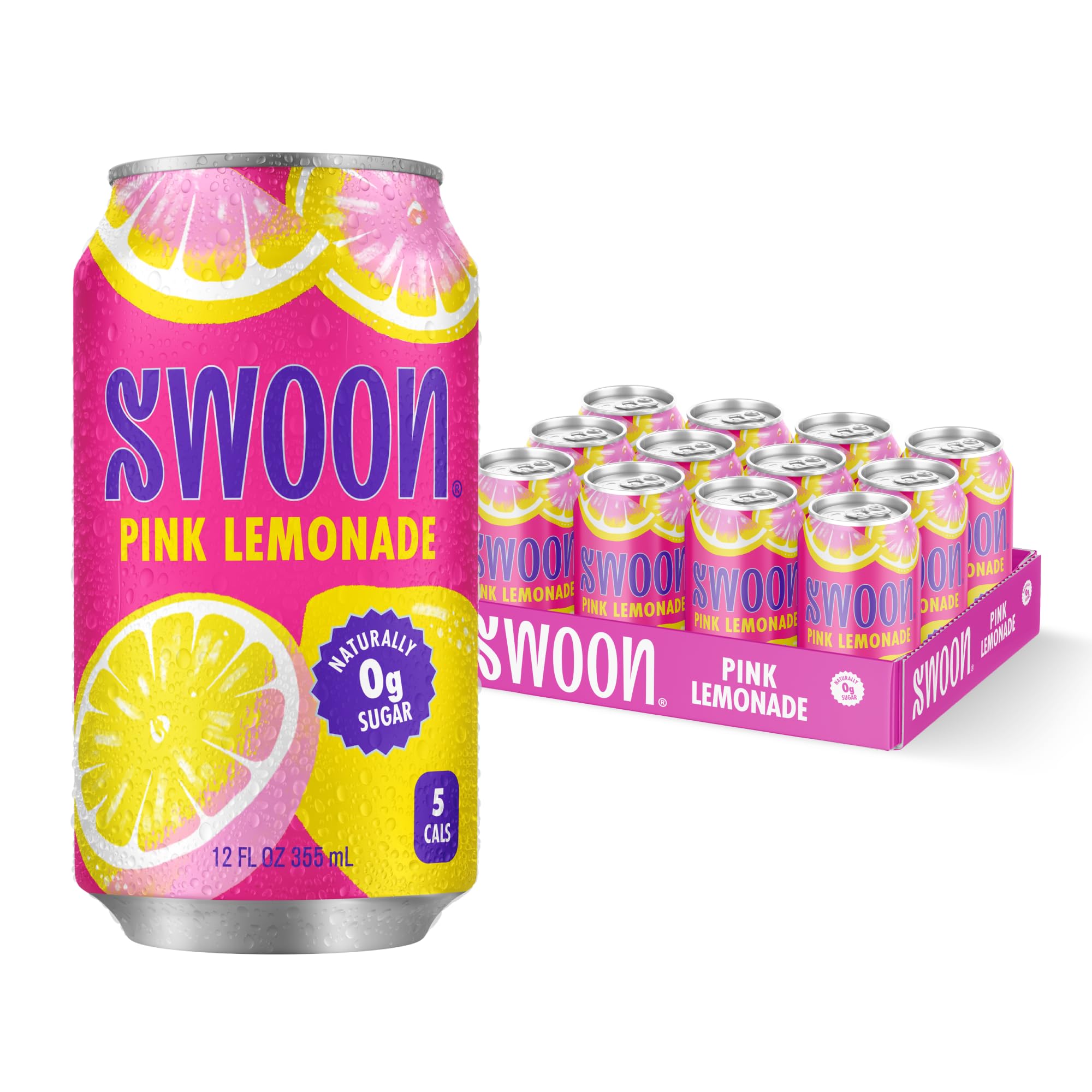 Swoon Pink Lemonade can with vibrant pink color and zero sugar claim