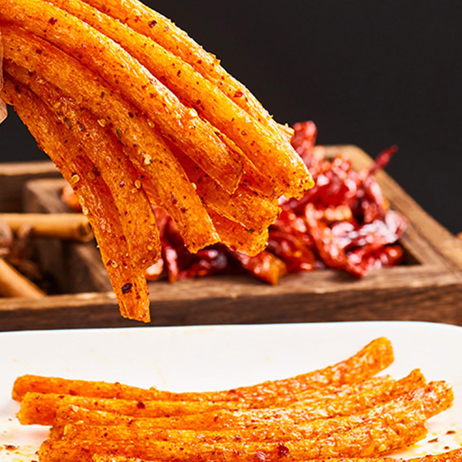 SXETBEAN Latiao spicy strips close up showing chewy texture and Sichuan heat