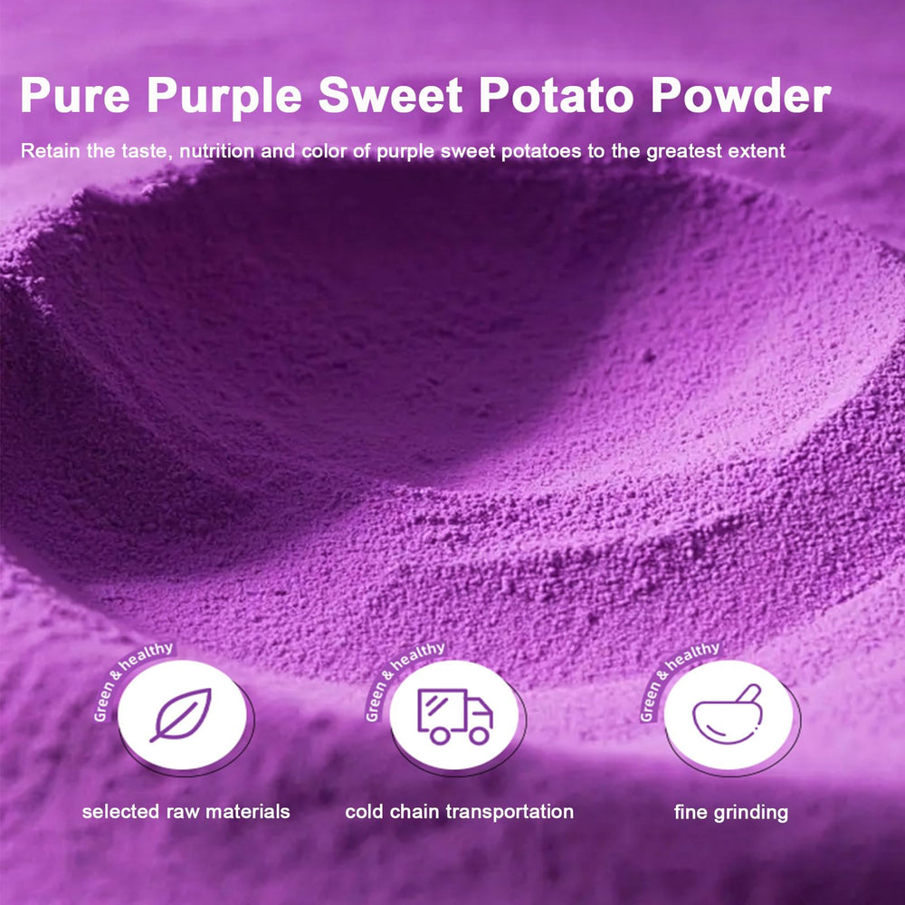 SXETBEAN purple sweet potato powder texture closeup shows fine purple-red powder.